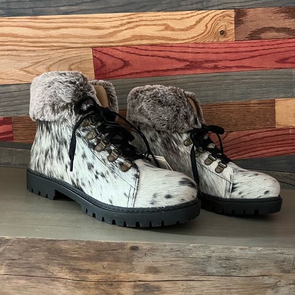 Myra Bag Shoes - New Gift Genuine Cowhide & Leather Bootie Fur western ankle black white Winter